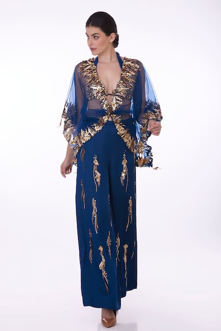 DILNAZ Blue Net Embellished Sequin Open Applique Work Kaftan  