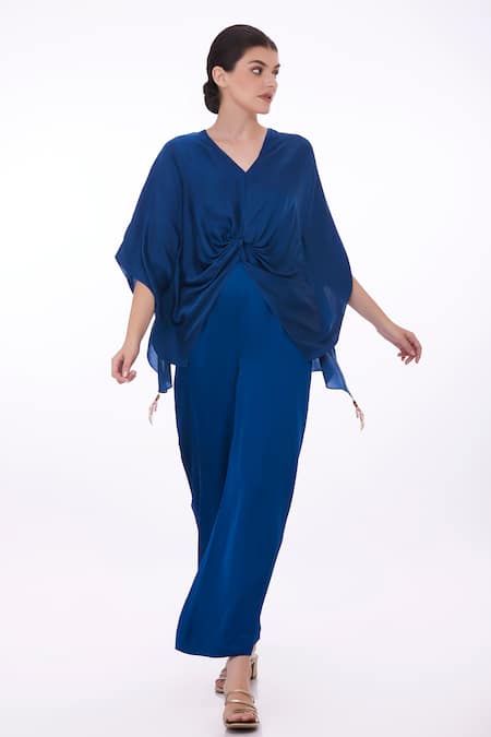 DILNAZ Blue Blended Satin Embellished Solid Draped Kaftan With Jumpsuit  