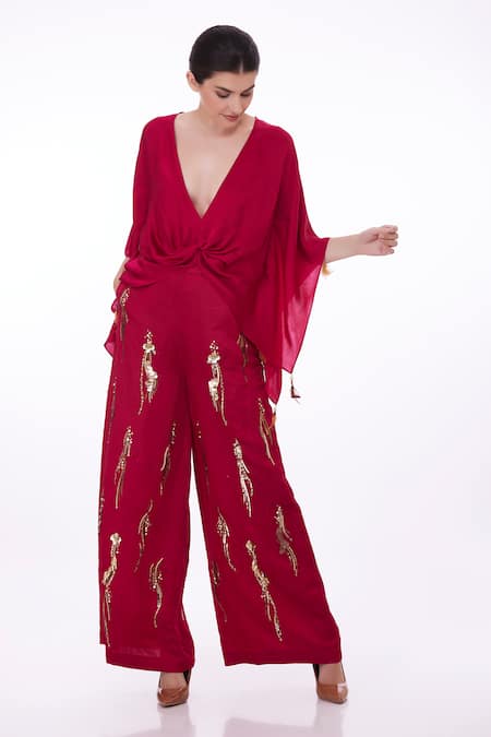 DILNAZ Pink Blended Satin Plain Plunge V Neck Solid Draped Kaftan  