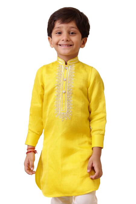 Partykles_Yellow Cotton, Silk Embroidery Placket Kurta And Pant Set _Online_at_Aza_Fashions
