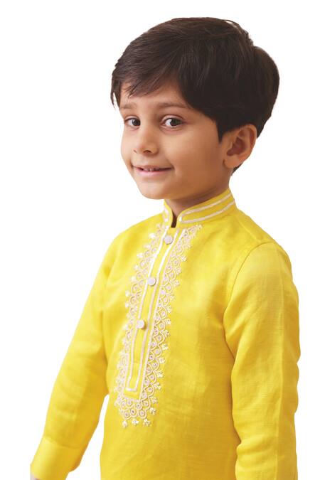 Buy_Partykles_Yellow Cotton, Silk Embroidery Placket Kurta And Pant Set _Online_at_Aza_Fashions