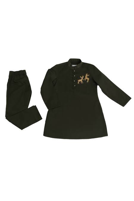 Buy_Partykles_Green Cotton, Silk Embroidery Deer Motif Kurta And Pant Set _Online_at_Aza_Fashions