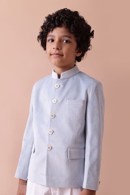 Shop Partykles Blue Cotton Satin Solid Jodhpuri And Pant Set at Aza Fashions Shop_Partykles_Blue Cotton Satin Solid Jodhpuri And Pant Set _at_Aza_Fashions