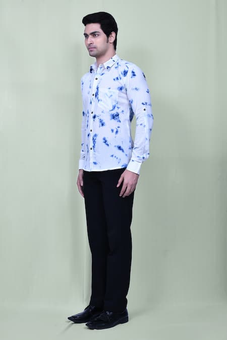 Shop_Aryavir Malhotra_White Cotton Full Sleeve Tie Dye Shirt _Online_at_Aza_Fashions