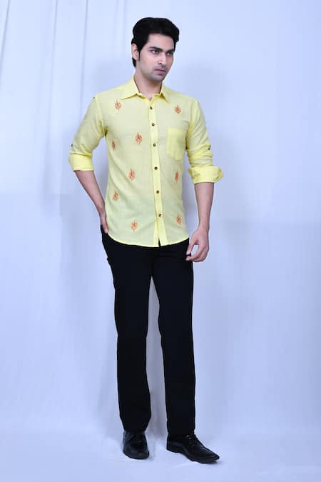 Naintara Bajaj Yellow Cotton Embroidery Thread Placement Shirt