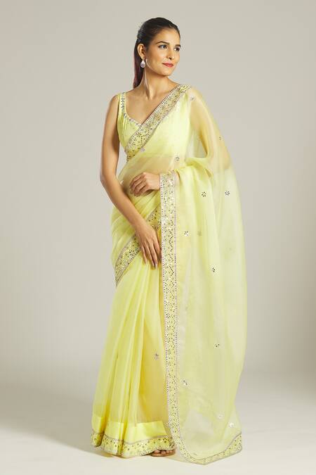 Samyukta Singhania_Yellow Organza, Silk Mirrors, Embroidery Asymmetric Blouse And Saree Set _Online_at_Aza_Fashions