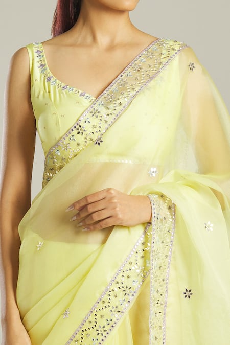 Shop_Samyukta Singhania_Yellow Organza, Silk Mirrors, Embroidery Asymmetric Blouse And Saree Set _Online_at_Aza_Fashions