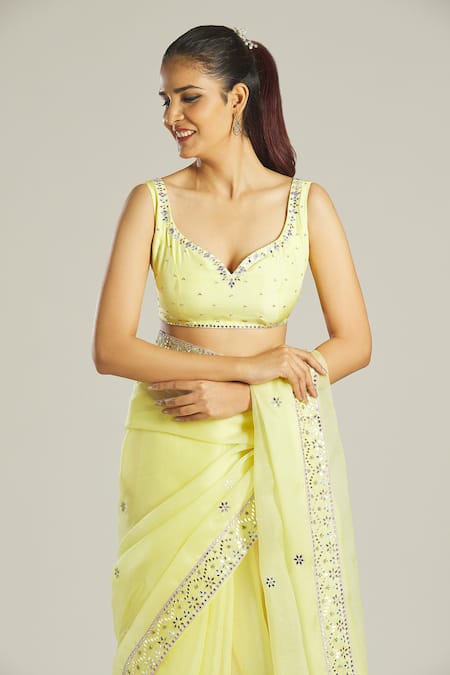 Samyukta Singhania_Yellow Organza, Silk Mirrors, Embroidery Asymmetric Blouse And Saree Set _at_Aza_Fashions