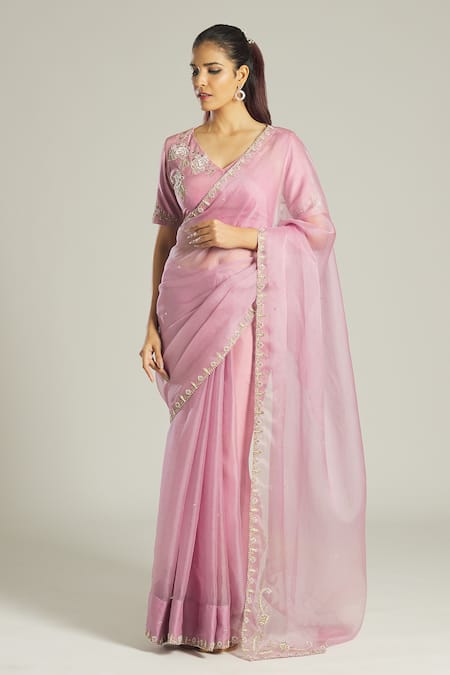 Samyukta Singhania_Purple Silk, Organza Beads, Zari, Sequins Aari Embroidered Blouse And Saree Set _Online_at_Aza_Fashions