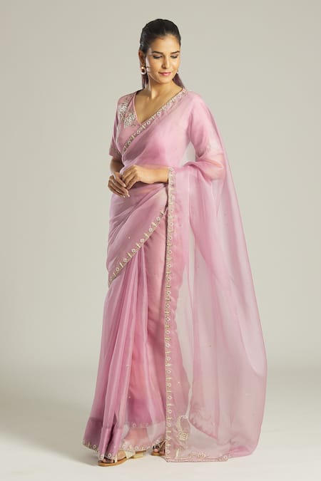 Buy_Samyukta Singhania_Purple Silk, Organza Beads, Zari, Sequins Aari Embroidered Blouse And Saree Set _Online_at_Aza_Fashions