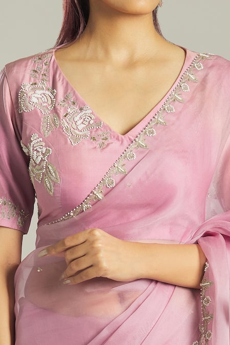 Shop_Samyukta Singhania_Purple Silk, Organza Beads, Zari, Sequins Aari Embroidered Blouse And Saree Set _Online_at_Aza_Fashions