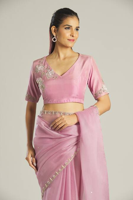 Samyukta Singhania_Purple Silk, Organza Beads, Zari, Sequins Aari Embroidered Blouse And Saree Set _at_Aza_Fashions