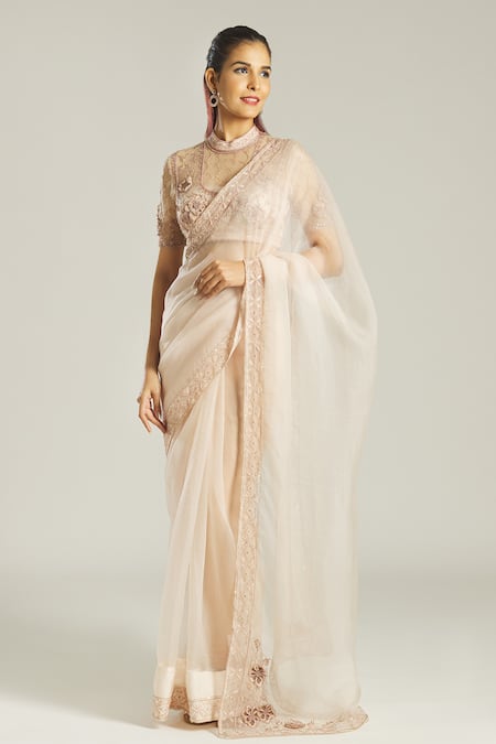 Samyukta Singhania Pink Net, Organza Embroidery High Neck Applique Blouse And Saree Set Online at Aza Fashions Samyukta Singhania_Pink Net, Organza Embroidery High Neck Applique Blouse And Saree Set _Online_at_Aza_Fashions