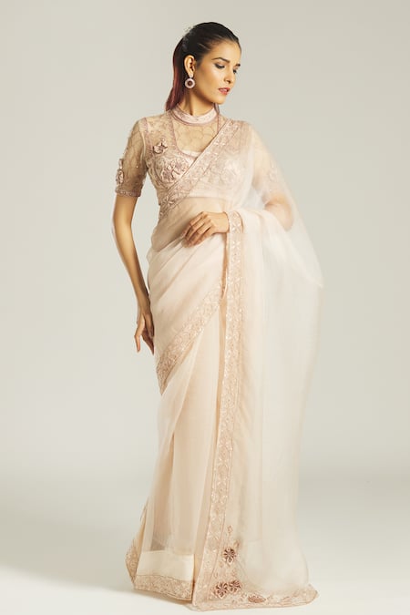 Buy Samyukta Singhania Pink Net, Organza Embroidery High Neck Applique Blouse And Saree Set Online at Aza Fashions Buy_Samyukta Singhania_Pink Net, Organza Embroidery High Neck Applique Blouse And Saree Set _Online_at_Aza_Fashions