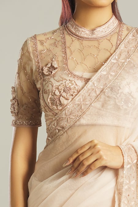 Shop Samyukta Singhania Pink Net, Organza Embroidery High Neck Applique Blouse And Saree Set Online at Aza Fashions Shop_Samyukta Singhania_Pink Net, Organza Embroidery High Neck Applique Blouse And Saree Set _Online_at_Aza_Fashions