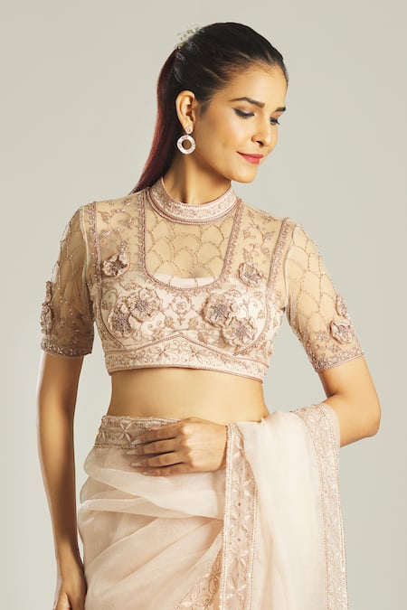 Samyukta Singhania Pink Net, Organza Embroidery High Neck Applique Blouse And Saree Set at Aza Fashions Samyukta Singhania_Pink Net, Organza Embroidery High Neck Applique Blouse And Saree Set _at_Aza_Fashions