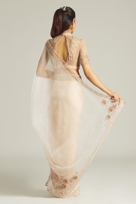 Shop Samyukta Singhania Pink Net, Organza Embroidery High Neck Applique Blouse And Saree Set at Aza Fashions Shop_Samyukta Singhania_Pink Net, Organza Embroidery High Neck Applique Blouse And Saree Set _at_Aza_Fashions