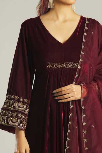 Shop_Samyukta Singhania_Maroon Velvet, Silk Embroidery V-neck Panelled Anarkali And Palazzo Set _Online_at_Aza_Fashions