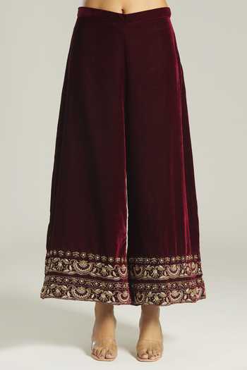 Samyukta Singhania_Maroon Velvet, Silk Embroidery V-neck Panelled Anarkali And Palazzo Set _at_Aza_Fashions