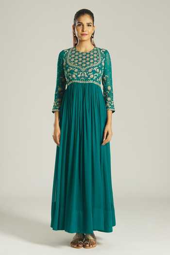 Samyukta Singhania Blue Georgette Embroidery Round Neck Zardozi Yoke Anarkali With Dupatta Online at Aza Fashions Samyukta Singhania_Blue Georgette Embroidery Round Neck Zardozi Yoke Anarkali With Dupatta _Online_at_Aza_Fashions