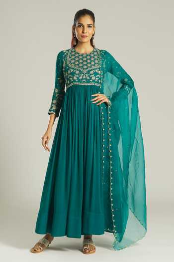 Shop Samyukta Singhania Blue Georgette Embroidery Round Neck Zardozi Yoke Anarkali With Dupatta Online at Aza Fashions Shop_Samyukta Singhania_Blue Georgette Embroidery Round Neck Zardozi Yoke Anarkali With Dupatta _Online_at_Aza_Fashions