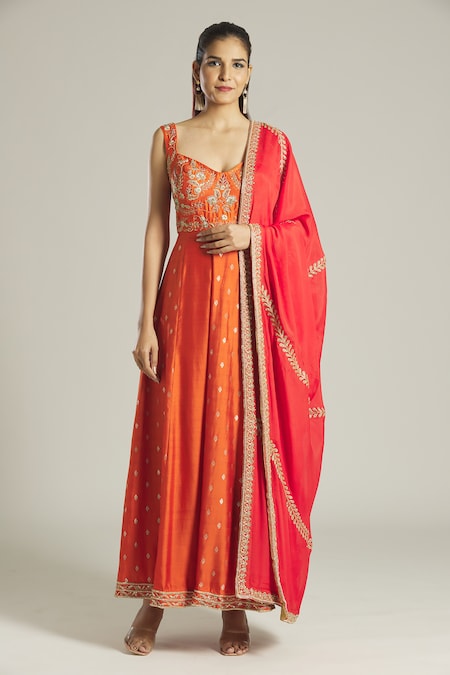 Khwaab by Sanjana Lakhani Orange Anarkali Moonga Silk Woven And Embroidered Floral Panelled With Dupatta