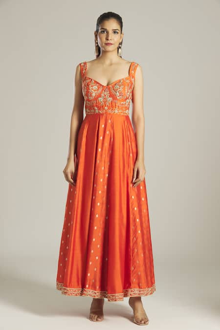 Samyukta Singhania Orange Mohair, Chiffon Embroidery Floral Pattern Panelled Anarkali With Dupatta Online at Aza Fashions Samyukta Singhania_Orange Mohair, Chiffon Embroidery Floral Pattern Panelled Anarkali With Dupatta _Online_at_Aza_Fashions