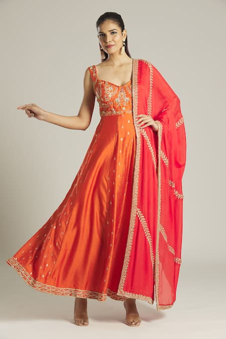 Shop Samyukta Singhania Orange Mohair, Chiffon Embroidery Floral Pattern Panelled Anarkali With Dupatta Online at Aza Fashions Shop_Samyukta Singhania_Orange Mohair, Chiffon Embroidery Floral Pattern Panelled Anarkali With Dupatta _Online_at_Aza_Fashions