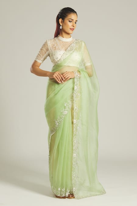 Nazaakat by Samara Singh Green Organza Embroidered Pearl Illusion High Neck Zardozi Blouse And Saree Set