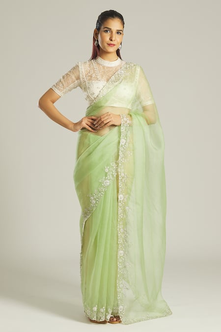 Samyukta Singhania_Green Organza Pearls, Zari High Neck Zardozi Embroidered Blouse And Saree Set _Online_at_Aza_Fashions