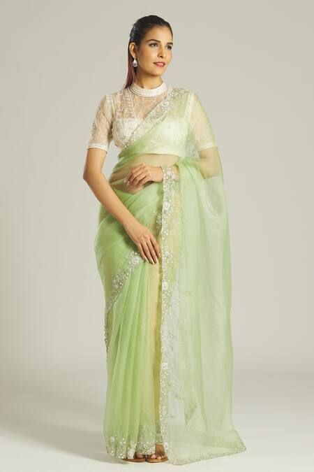 Buy_Samyukta Singhania_Green Organza Pearls, Zari High Neck Zardozi Embroidered Blouse And Saree Set _Online_at_Aza_Fashions