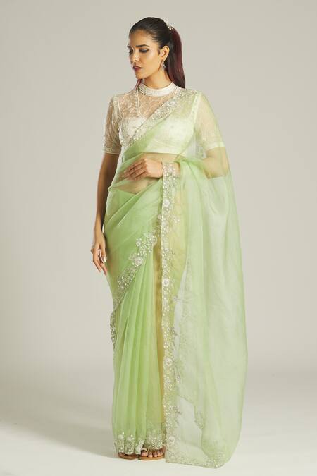 Shop_Samyukta Singhania_Green Organza Pearls, Zari High Neck Zardozi Embroidered Blouse And Saree Set _Online_at_Aza_Fashions