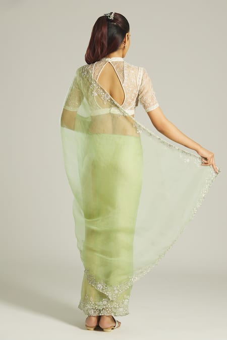 Shop_Samyukta Singhania_Green Organza Pearls, Zari High Neck Zardozi Embroidered Blouse And Saree Set _at_Aza_Fashions