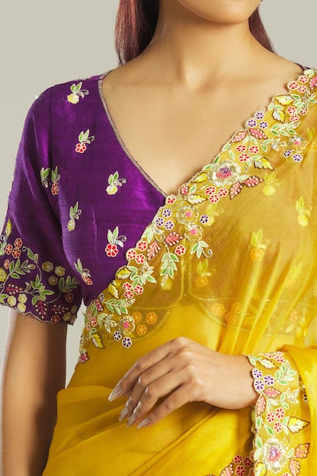 Shop Samyukta Singhania Yellow Silk, Organza Embroidery, Tassels V-neck Thread Blouse And Saree Set Online at Aza Fashions Shop_Samyukta Singhania_Yellow Silk, Organza Embroidery, Tassels V-neck Thread Blouse And Saree Set _Online_at_Aza_Fashions