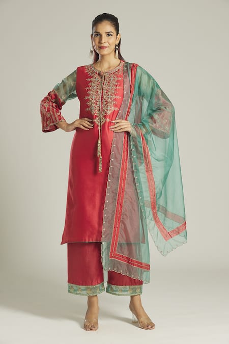 Khwaab by Sanjana Lakhani Blue Chanderi Embroidered Thread Round Neck Zardozi Kurta Palazzo Set