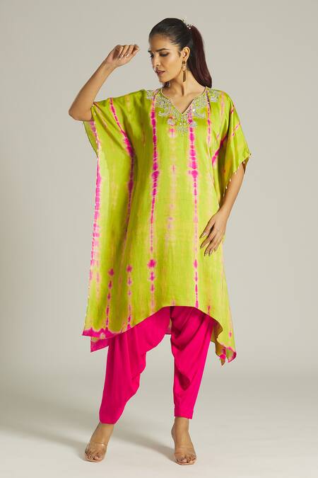 Samyukta Singhania Green Chanderi, Cotton Pearls Round Embroidered Yoke Kaftan And Dhoti Pant Set Online at Aza Fashions Samyukta Singhania_Green Chanderi, Cotton Pearls Round Embroidered Yoke Kaftan And Dhoti Pant Set _Online_at_Aza_Fashions