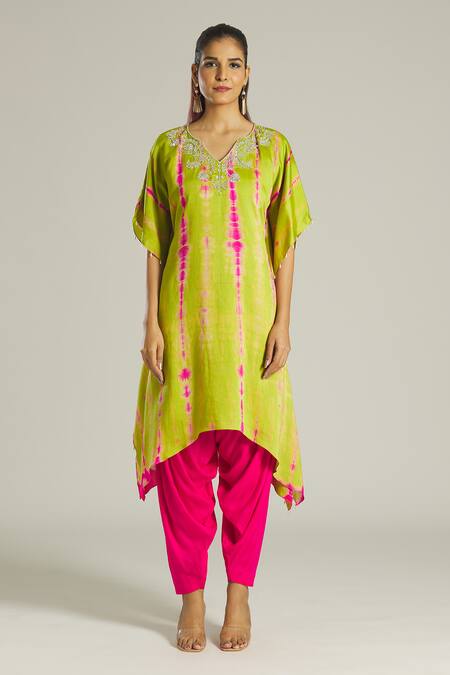 Buy Samyukta Singhania Green Chanderi, Cotton Pearls Round Embroidered Yoke Kaftan And Dhoti Pant Set Online at Aza Fashions Buy_Samyukta Singhania_Green Chanderi, Cotton Pearls Round Embroidered Yoke Kaftan And Dhoti Pant Set _Online_at_Aza_Fashions