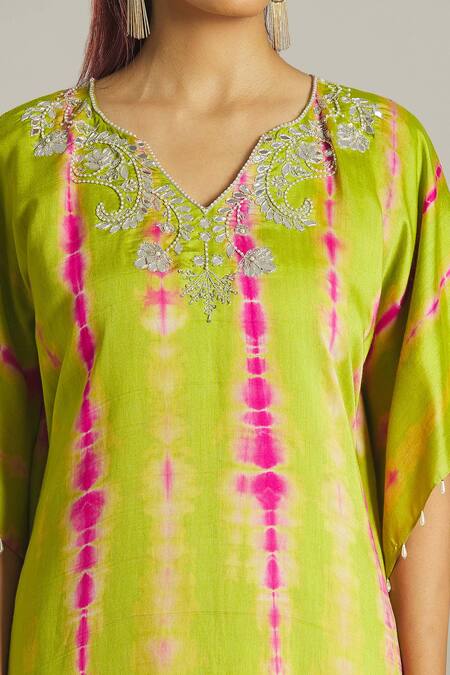 Shop Samyukta Singhania Green Chanderi, Cotton Pearls Round Embroidered Yoke Kaftan And Dhoti Pant Set Online at Aza Fashions Shop_Samyukta Singhania_Green Chanderi, Cotton Pearls Round Embroidered Yoke Kaftan And Dhoti Pant Set _Online_at_Aza_Fashions