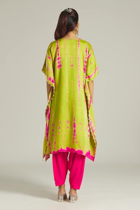 Shop Samyukta Singhania Green Chanderi, Cotton Pearls Round Embroidered Yoke Kaftan And Dhoti Pant Set at Aza Fashions Shop_Samyukta Singhania_Green Chanderi, Cotton Pearls Round Embroidered Yoke Kaftan And Dhoti Pant Set _at_Aza_Fashions