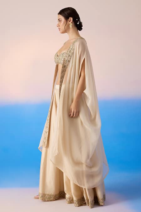 Mirroir Beige Silk, Chanderi, Viscose Sequins, Thread Embroidered Cape Sharara Set Online at Aza Fashions Mirroir_Beige Silk, Chanderi, Viscose Sequins, Thread Embroidered Cape Sharara Set _Online_at_Aza_Fashions