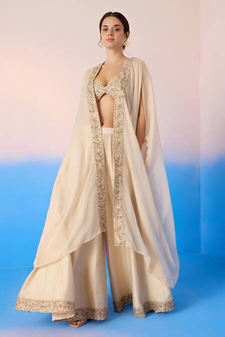 Shop Mirroir Beige Silk, Chanderi, Viscose Sequins, Thread Embroidered Cape Sharara Set Online at Aza Fashions Shop_Mirroir_Beige Silk, Chanderi, Viscose Sequins, Thread Embroidered Cape Sharara Set _Online_at_Aza_Fashions