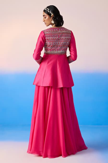 Shop Mirroir Pink Chanderi, Viscose Sequins, Crystals Embellished Peplum Kurta With Sharara at Aza Fashions Shop_Mirroir_Pink Chanderi, Viscose Sequins, Crystals Embellished Peplum Kurta With Sharara _at_Aza_Fashions