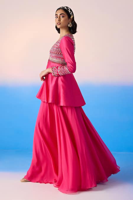 Mirroir Pink Chanderi, Viscose Sequins, Crystals Embellished Peplum Kurta With Sharara Online at Aza Fashions Mirroir_Pink Chanderi, Viscose Sequins, Crystals Embellished Peplum Kurta With Sharara _Online_at_Aza_Fashions