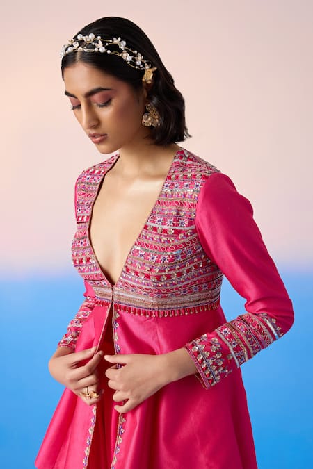 Buy Mirroir Pink Chanderi, Viscose Sequins, Crystals Embellished Peplum Kurta With Sharara Online at Aza Fashions Buy_Mirroir_Pink Chanderi, Viscose Sequins, Crystals Embellished Peplum Kurta With Sharara _Online_at_Aza_Fashions