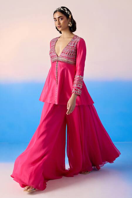 Shop Mirroir Pink Chanderi, Viscose Sequins, Crystals Embellished Peplum Kurta With Sharara Online at Aza Fashions Shop_Mirroir_Pink Chanderi, Viscose Sequins, Crystals Embellished Peplum Kurta With Sharara _Online_at_Aza_Fashions