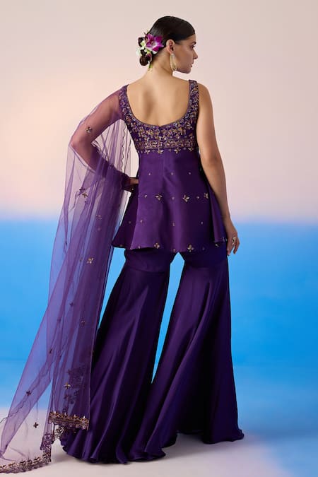 Shop Mirroir Purple Net, Viscose, Crepe Sequins, Crystals, Floral Peplum Kurta Sharara Set at Aza Fashions Shop_Mirroir_Purple Net, Viscose, Crepe Sequins, Crystals, Floral Peplum Kurta Sharara Set _at_Aza_Fashions