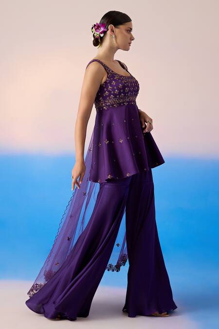 Mirroir Purple Net, Viscose, Crepe Sequins, Crystals, Floral Peplum Kurta Sharara Set Online at Aza Fashions Mirroir_Purple Net, Viscose, Crepe Sequins, Crystals, Floral Peplum Kurta Sharara Set _Online_at_Aza_Fashions