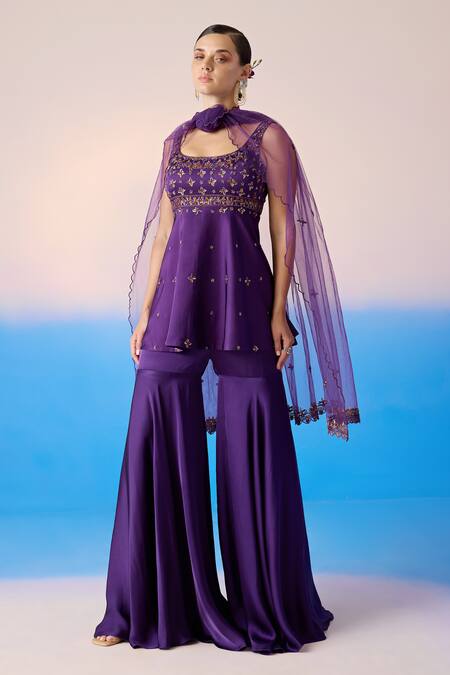 Shop Mirroir Purple Net, Viscose, Crepe Sequins, Crystals, Floral Peplum Kurta Sharara Set Online at Aza Fashions Shop_Mirroir_Purple Net, Viscose, Crepe Sequins, Crystals, Floral Peplum Kurta Sharara Set _Online_at_Aza_Fashions