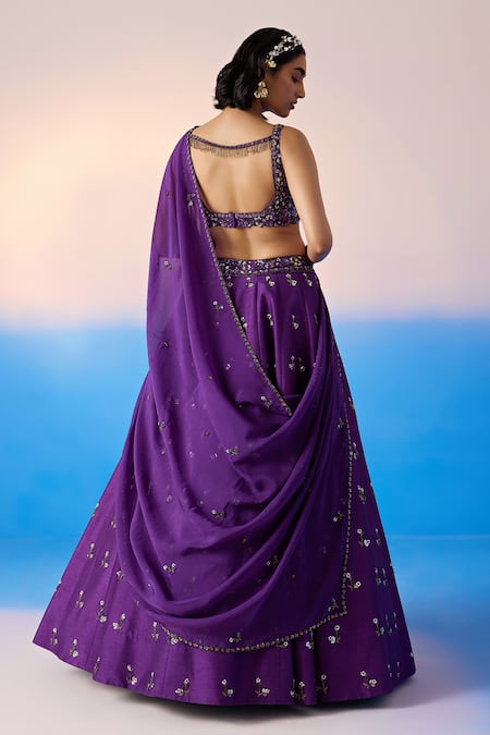 Shop_Mirroir_Purple Organza, Viscose Crystals, Sequins V-neck Embroidered Floral Lehenga Set _at_Aza_Fashions