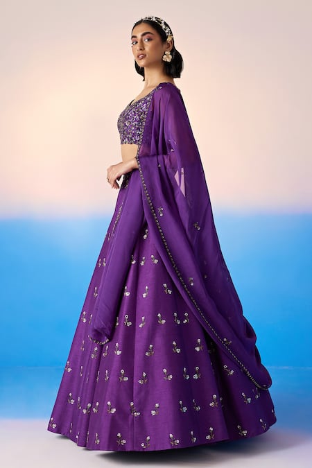 Mirroir_Purple Organza, Viscose Crystals, Sequins V-neck Embroidered Floral Lehenga Set _Online_at_Aza_Fashions